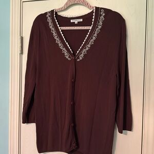 Elegant Brown Cardigan‎ with White Embroidery